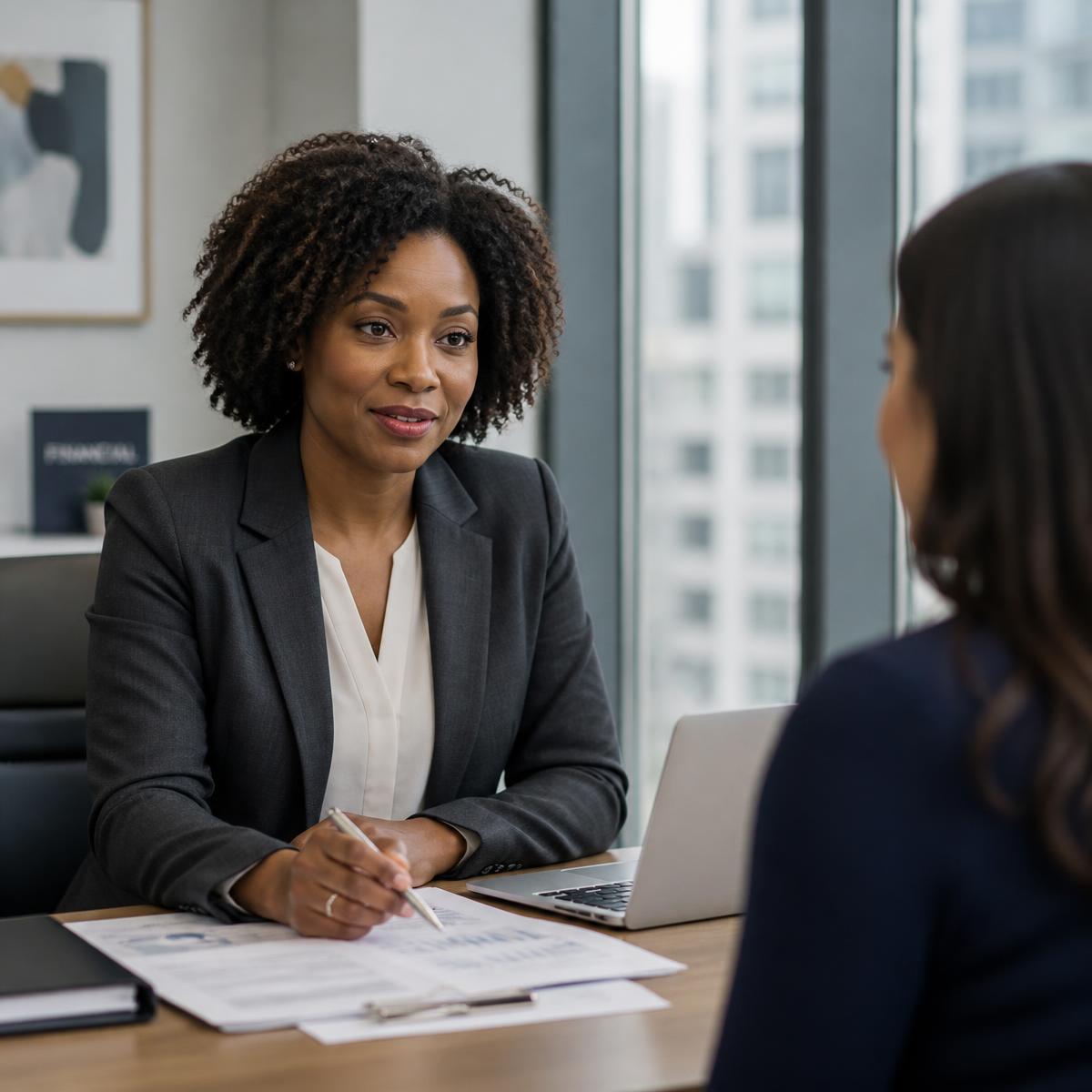 Advisor discussing documents with a client in a corporate office